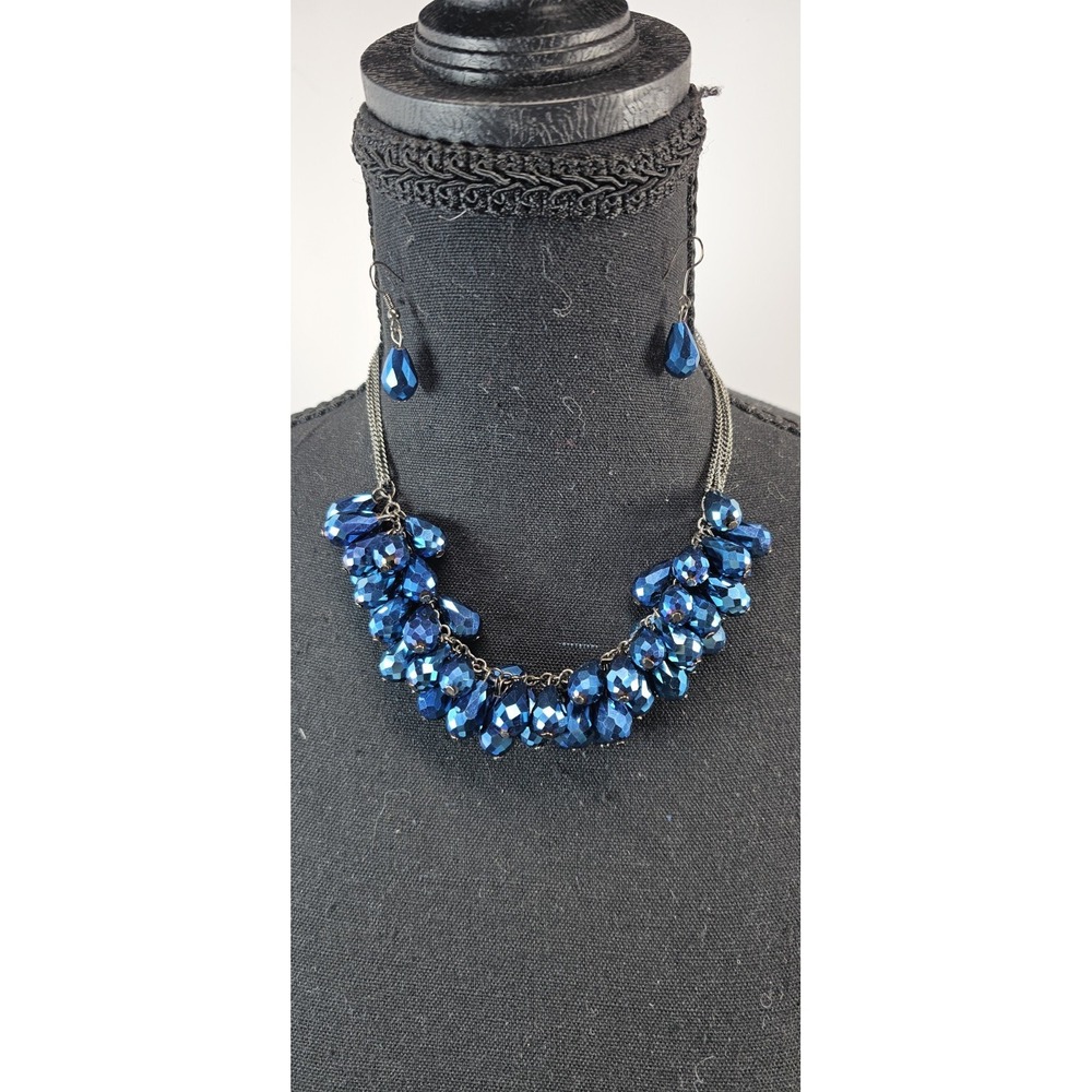 Vintage Blue Faceted Glass Bib Necklace Set Statement Earrings Chunky‎